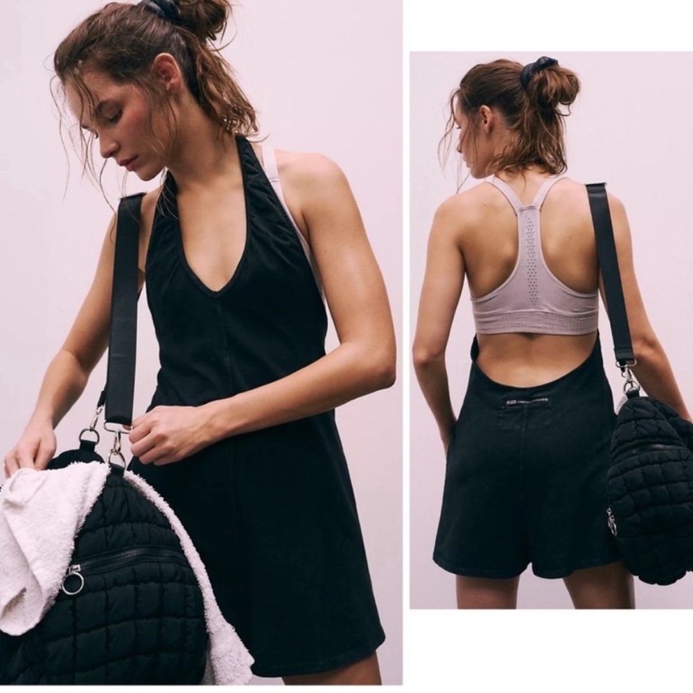 FREE PEOPLE Movement HOT SHOT HALTER ROMPER ONESIE Black Shorts large